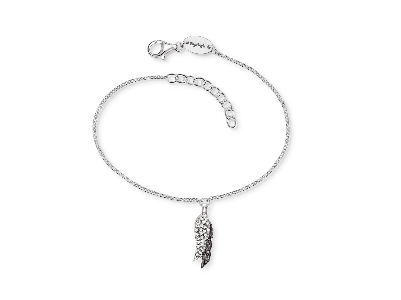 Silbernes Armband aus rhodiniertem Schmuck mit zierlichem Flügel-Anhänger, verziert mit funkelnden Zirkonia. Elegant und stilvoll, Länge 17 cm.