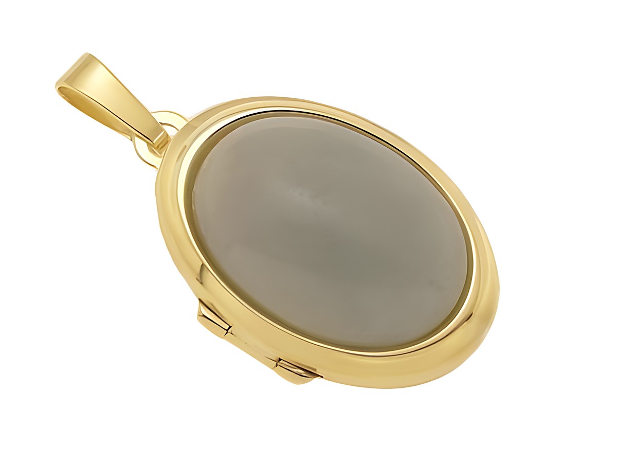 Amazonit schlicht Cabochon in Gold 333 Medaillon, Hersteller Juwelier Harnisch, elegantes Design mit glänzender goldener Fassung und einem sanften, grünen Stein.