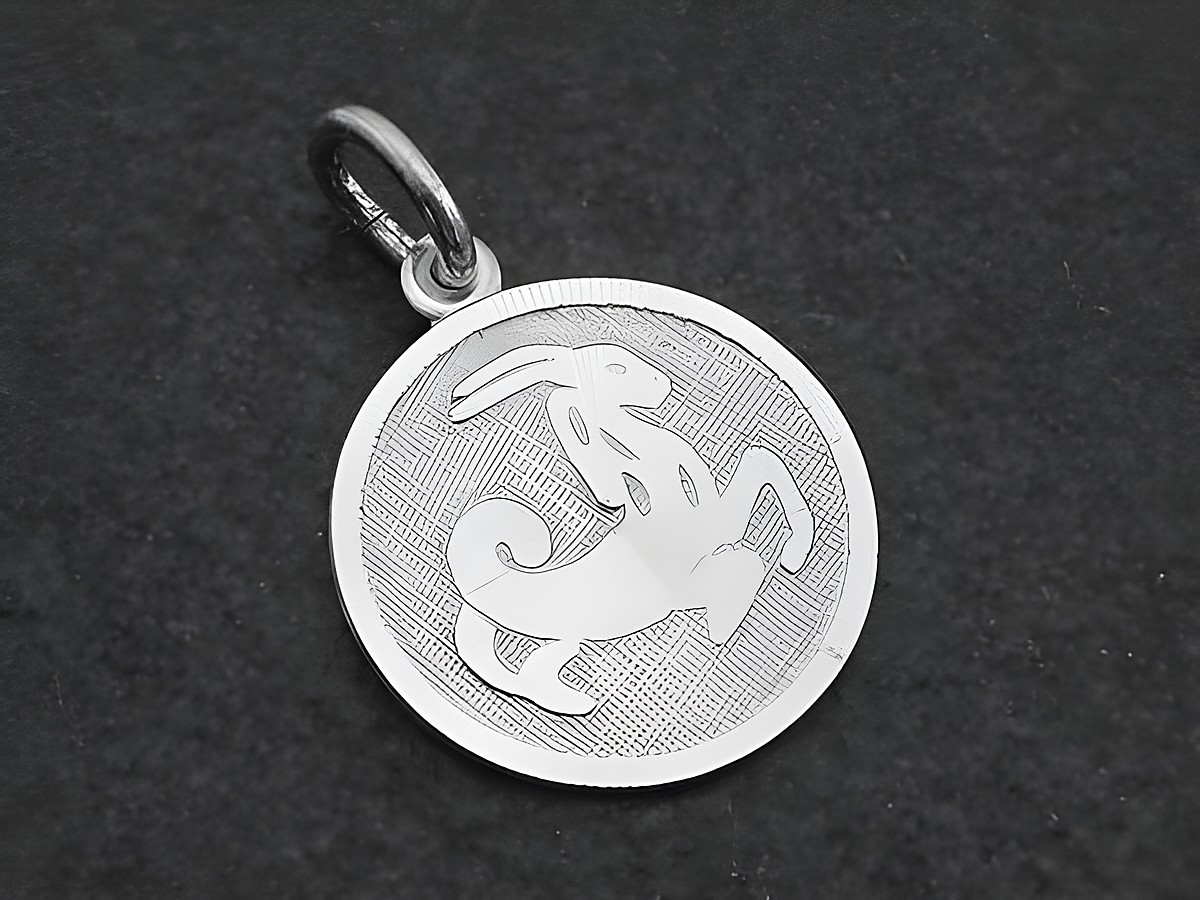 Runder 3D Silber Anhänger mit dem Sternzeichen Steinbock, designt von Juwelier Harnisch, zeigt das Symbol des Steinbocks auf strukturiertem Hintergrund.