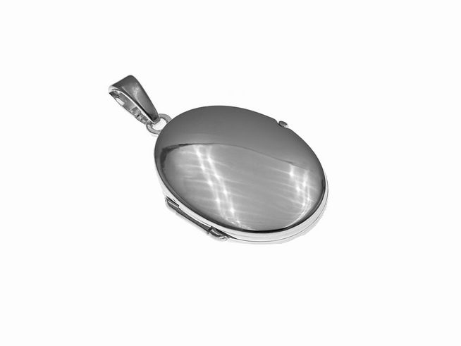 Silber Medaillon oval klassisch elegant rhodiniert von Juwelier Harnisch, glänzende Oberfläche, harmonisches Design, ideal für persönliche Erinnerungen und Schmuckliebhaber.