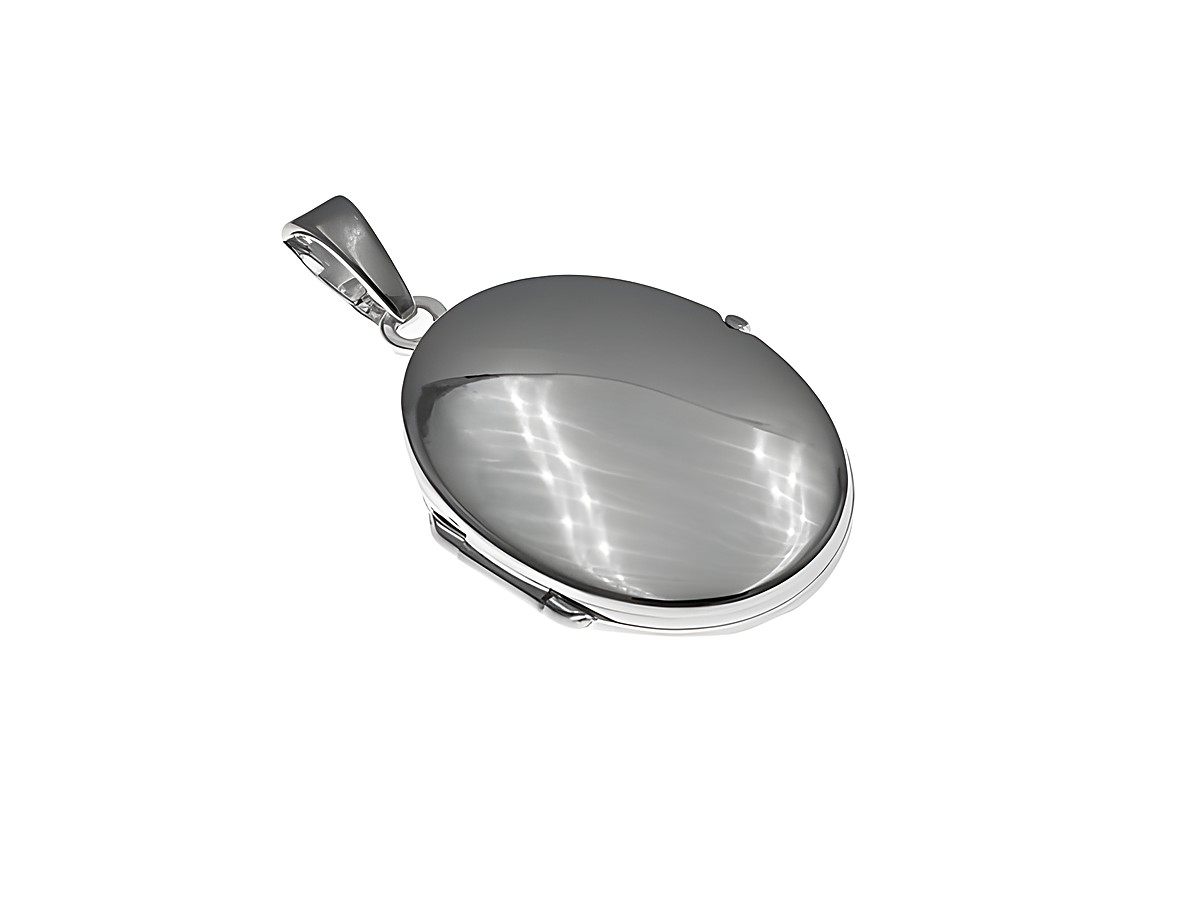 Silber Medaillon oval klassisch elegant rhodiniert von Juwelier Harnisch, glänzende Oberfläche, harmonisches Design, ideal für persönliche Erinnerungen und Schmuckliebhaber.