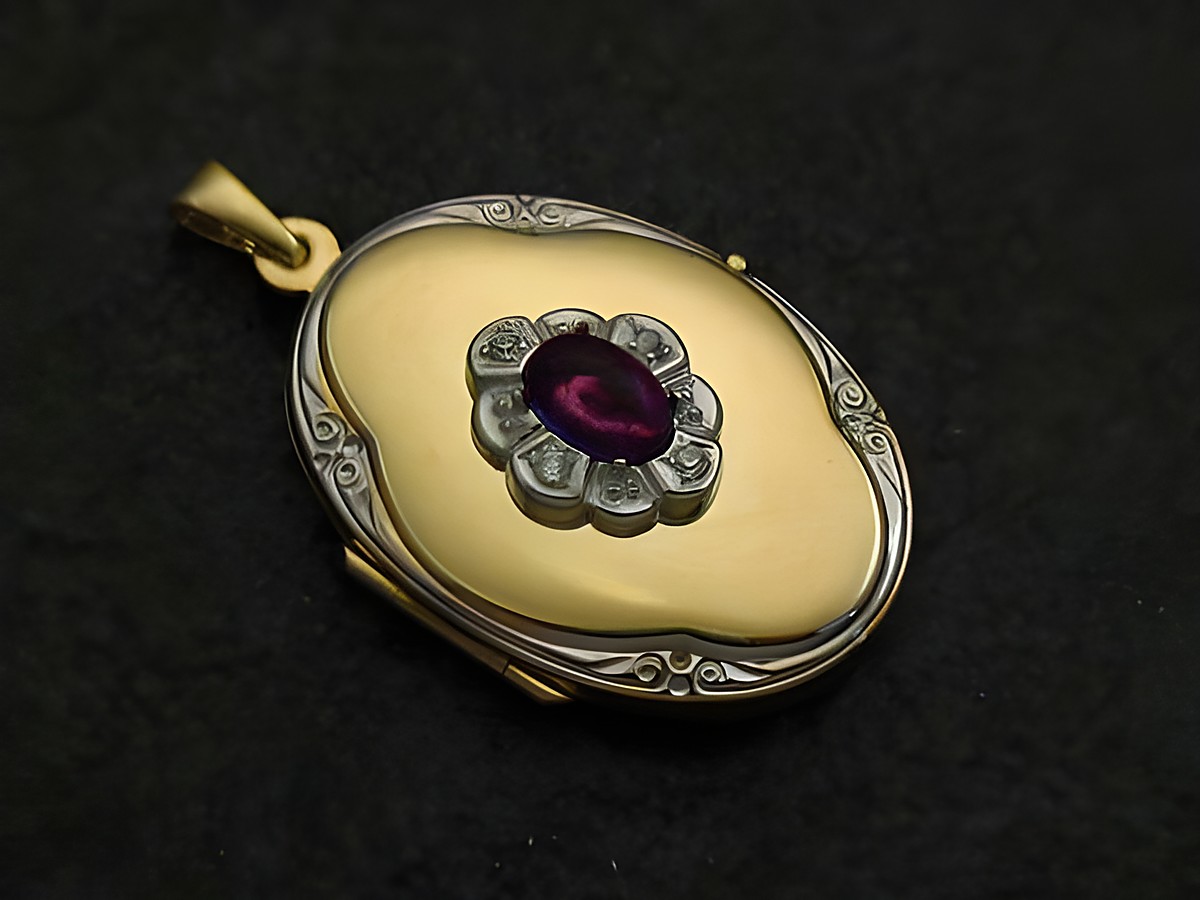 Amethyst lila Medaillon Cabochon Gold 333 bicolor mit Brillanten, gefertigt von Juwelier Harnisch in Gelbgold 333, elegant und zeitlos gestaltet.