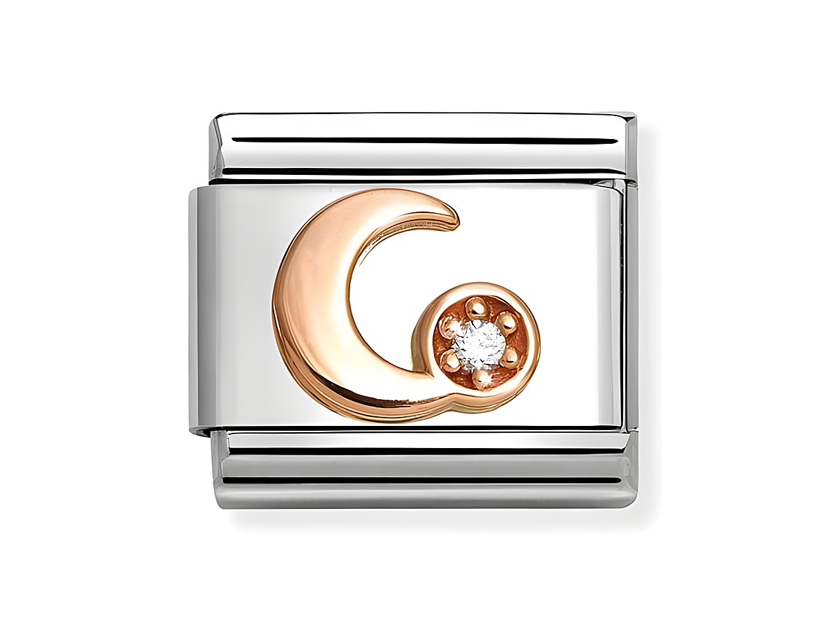 Zirkonia Mond Motiv in Roségold und Edelstahl mit weißen Zirkonia Steinen, Hersteller Nomination, für Schmuckliebhaber und individuelle Armbandgestaltung.