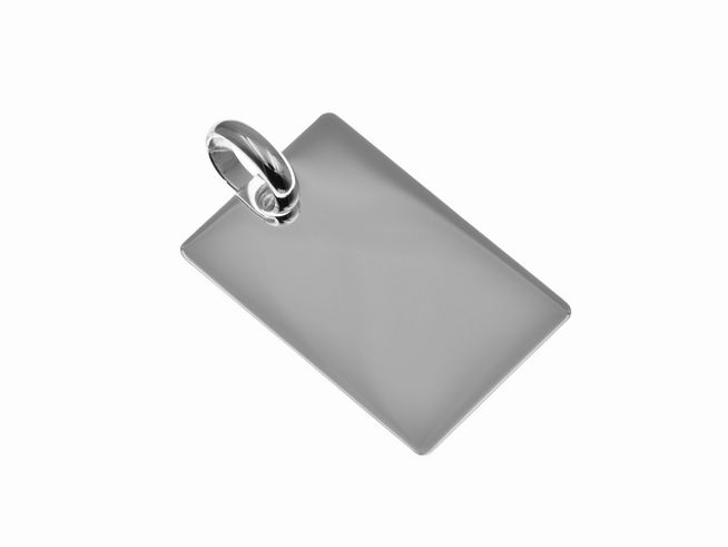 Gravurplatte aus 585 Weißgold, viereckig und mit einem robusten Ring ausgestattet, ideal für personalisierte Gravuren, hergestellt von Juwelier Harnisch.