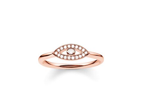 Ring von Thomas Sabo in Silber, vergoldet mit Roségold, mit einem Zirkonia in der Mitte und weiteren Zirkonia umgeben, Größe 58.