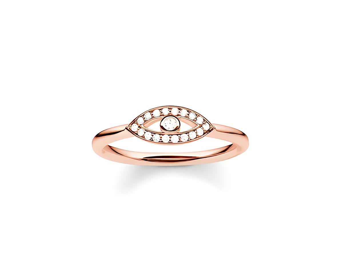 Ring von Thomas Sabo in Silber, vergoldet mit Roségold, mit einem Zirkonia in der Mitte und weiteren Zirkonia umgeben, Größe 58.