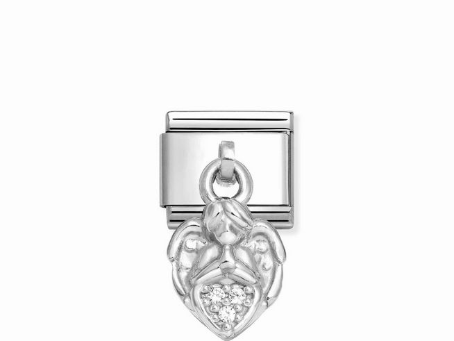 433180033-0 Charms in Silber und Edelstahl mit einem Engel, der mit weißen Zirkonia geschmückt ist. Ideal für persönliche Armbänder und als symbolisches Schmuckstück.