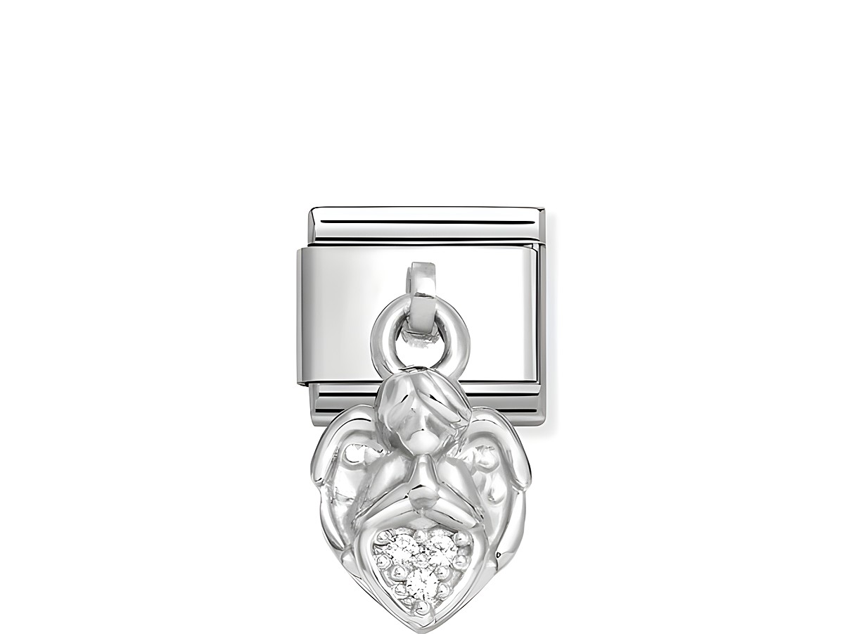 Charms in Silber und Edelstahl mit einem Engel, der mit weißen Zirkonia geschmückt ist. Ideal für persönliche Armbänder und als symbolisches Schmuckstück.