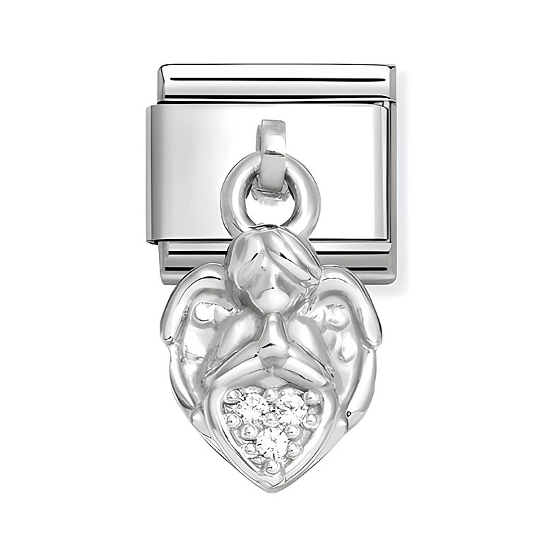 Charms in Silber und Edelstahl mit einem Engel, der mit weißen Zirkonia geschmückt ist. Ideal für persönliche Armbänder und als symbolisches Schmuckstück.