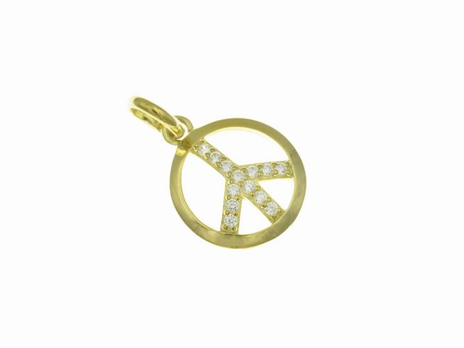Ein goldvergoldeter Anhänger in Form eines Peace Symbols, verziert mit Zirkonia, von Juwelier Harnisch, ideal als stilvolles Schmuckstück für Friedensliebende.