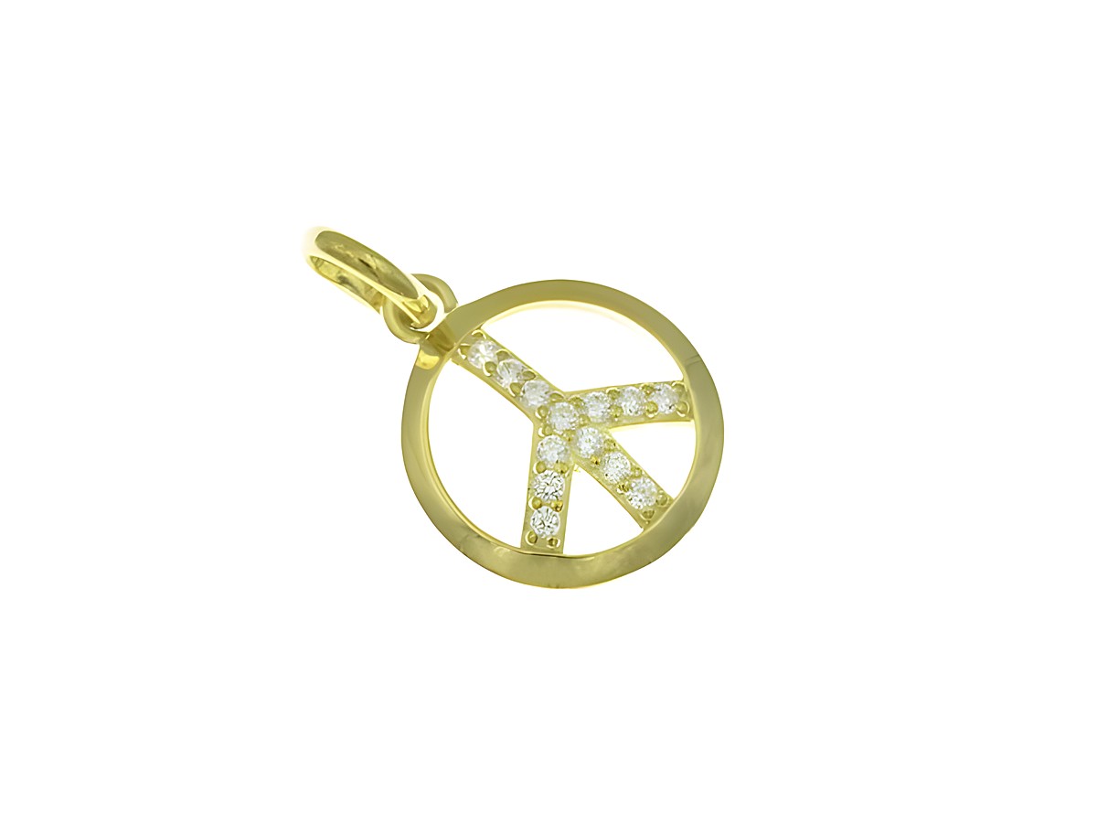 Ein goldvergoldeter Anhänger in Form eines Peace Symbols, verziert mit Zirkonia, von Juwelier Harnisch, ideal als stilvolles Schmuckstück für Friedensliebende.