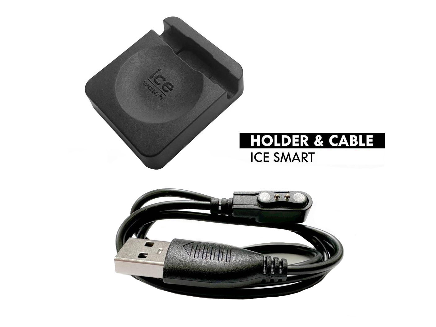 Ladegerät und Halter für ICE Smartwatches, Hersteller Pandora, USB-Ladekabel mit Verbindungselementen, geeignet für das Wiederaufladen von ICE Smartwatches.