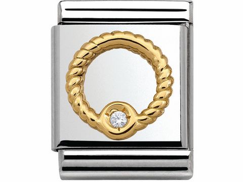 Edelstahlarmband aus der Reihe Nomination mit goldenem Reliefmotiv in Form eines Seilkreises, verziert mit einem weißen Zirkonia-Stein. Elegantes Design für jeden Anlass.
