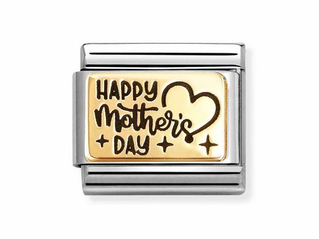Ein elegantes Charm aus Edelstahl mit einer goldenen Emailleplatte, die den Schriftzug Happy Mother's Day und ein Herzmotiv zeigt. Ideal als Geschenk zum Muttertag.