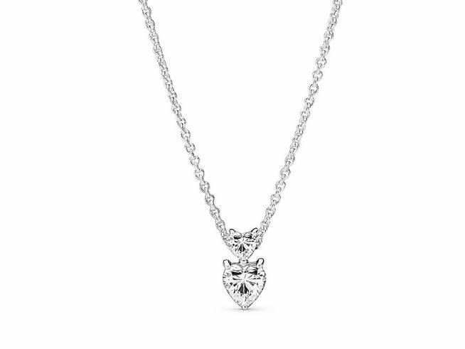 Funkelnde Pandora 391229C01-45 Doppelherz-Anhänger Halskette aus Sterling Silber mit Zirkonia, Länge 45 cm, elegantes Design für stilvolle Akzente.