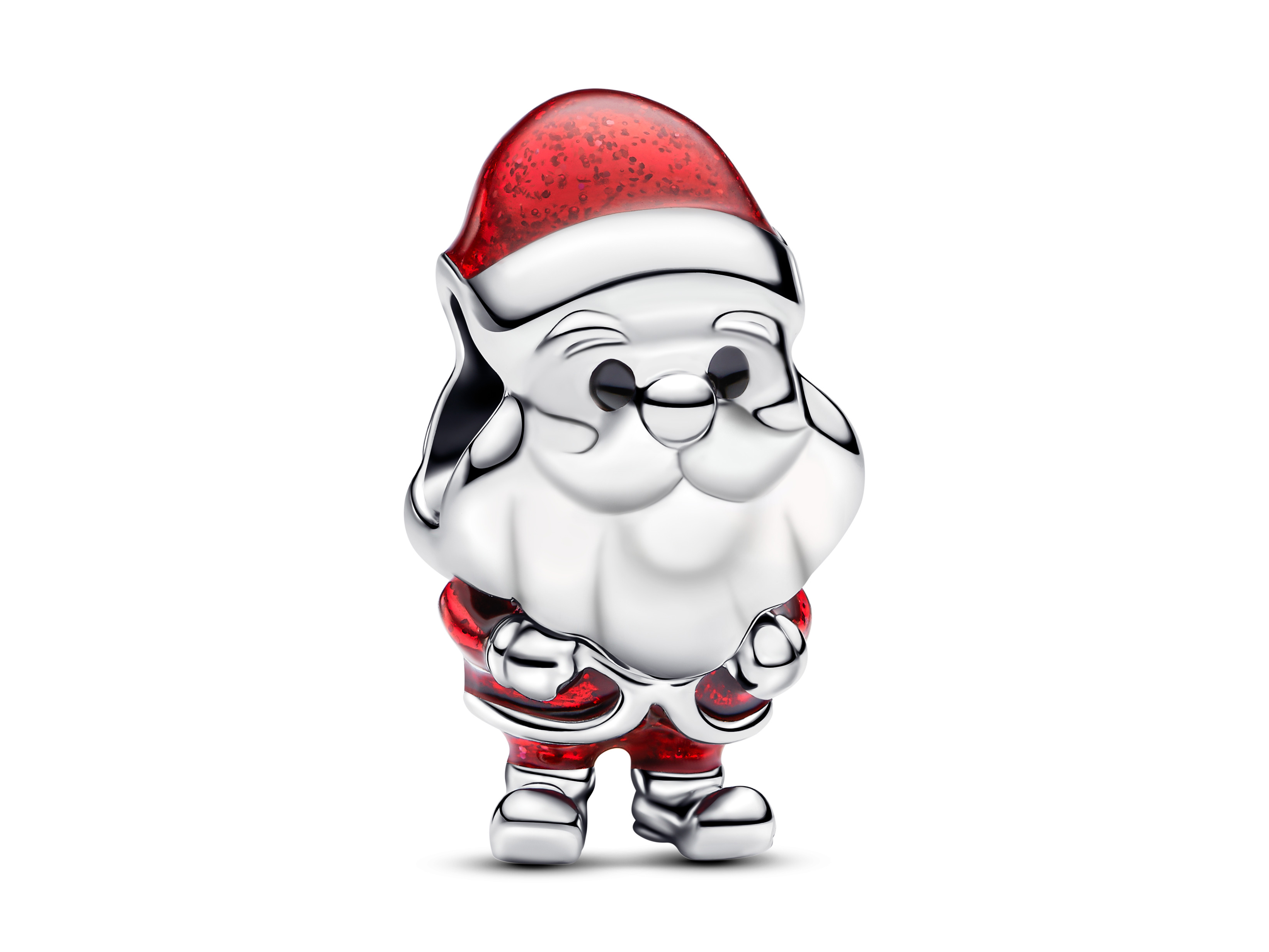 Beweglicher Weihnachtsmann Charm von Pandora aus Silber mit glitzernder roter Emaille, detailreich gestaltet mit einem fröhlichen Gesichtsausdruck und im klassischen Weihnachtsmann-Outfit.