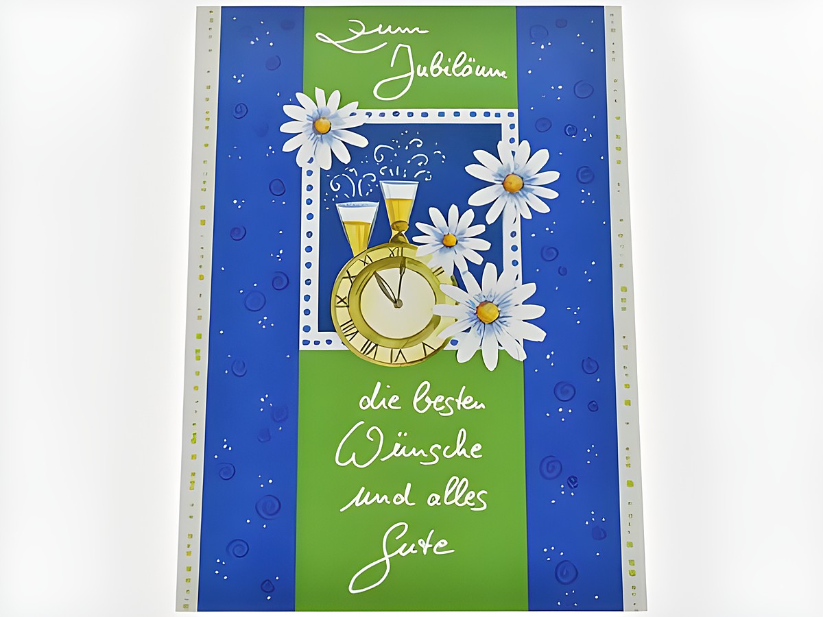 Glückwunschkarte zum Jubiläum mit Sektgläsern, einer Uhr und weißen Blüten, gestaltet von Juwelier Harnisch. Die Karte übermittelt die besten Wünsche und alles Gute.