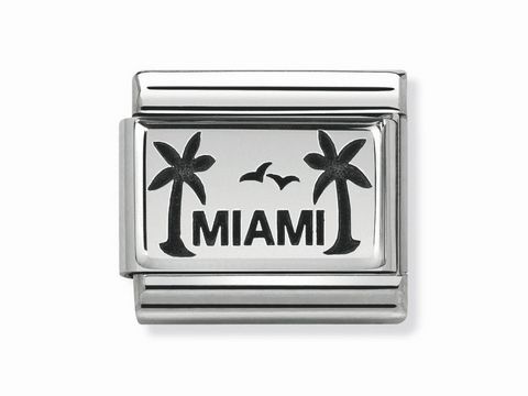 Silbernes Plättchen von Nomination mit dem Schriftzug Miami und zwei Palmenmotiven, hergestellt von SilverShine, ideal für Fans der Stadt und als modisches Accessoire.