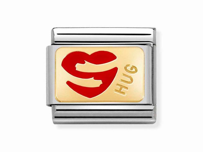 Edelstahl-Plättchen mit rot emailliertem Herzmotiv und goldenem Schriftzug HUG, Hersteller Nomination, ideal für Schmuckliebhaber.