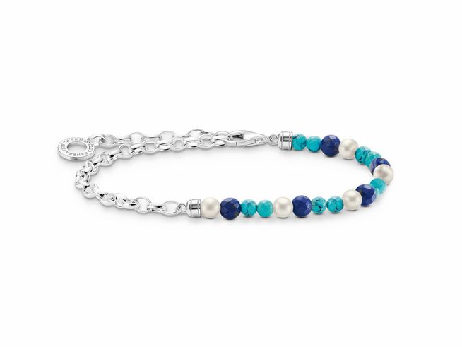 Silbernes Armband von Thomas Sabo mit imitiertem Lapislazuli und Süßwasserzuchtperlen, 19 cm lang, elegant und vielseitig für jeden Anlass.