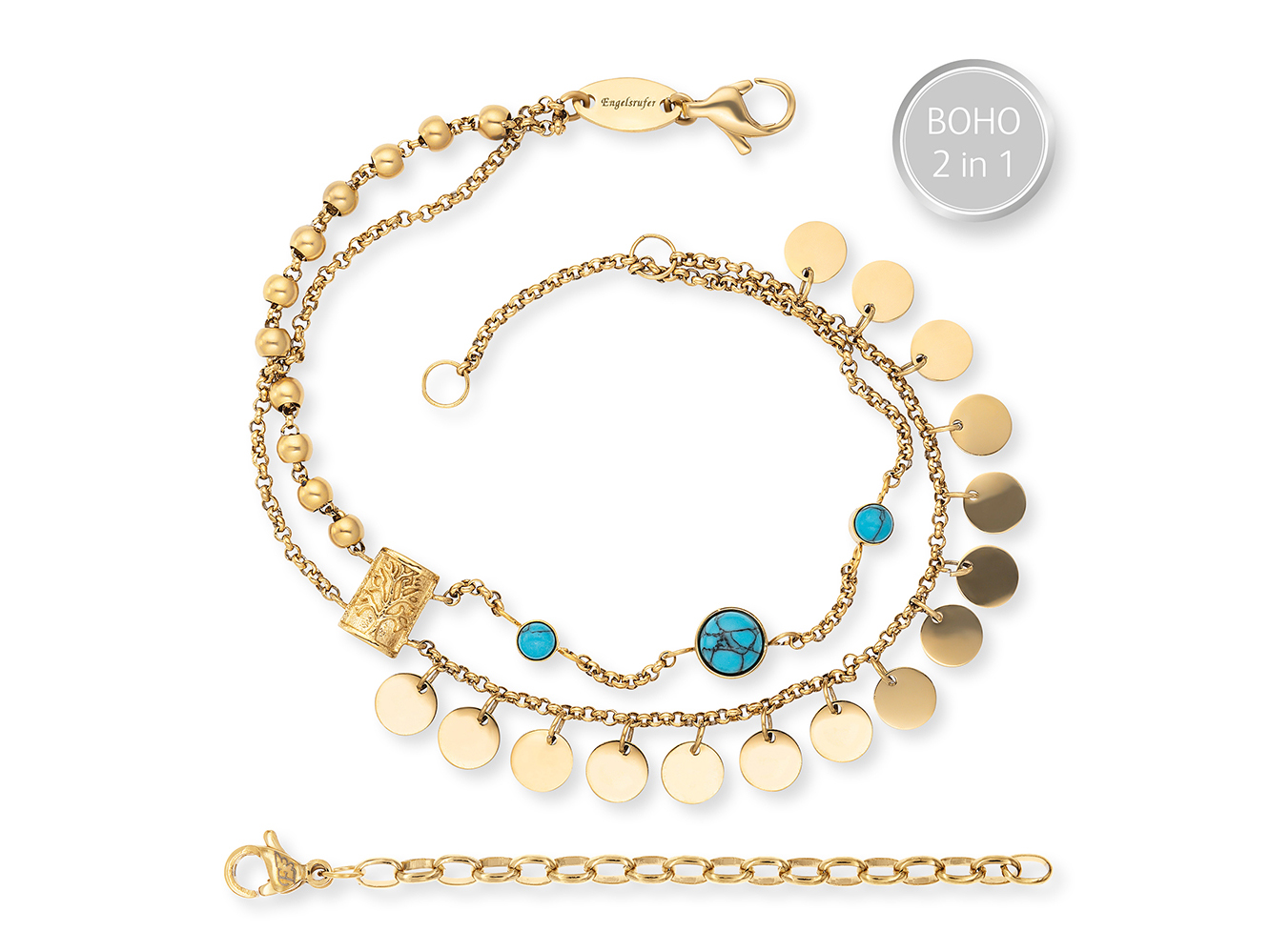 Engelsrufer ERBS-TREE-ZI-G LEBENSBAUM Armband BOHO aus Edelstahl mit Türkis in einer Länge von 17 cm, auf dem Bild sichtbar sind mehrere goldene Glieder und ein dekorativer Anhänger.