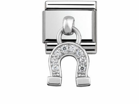 433180003-0 Hufeisen Charm aus Edelstahl und Silber mit funkelnden Schmucksteinen, gefertigt von Nomination, ideal für kreative Armbänder und persönliche Schmuckstücke.