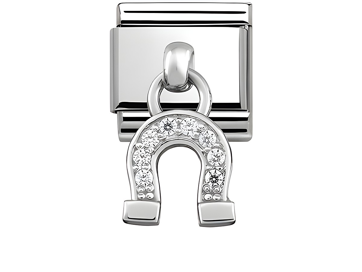 Hufeisen Charm aus Edelstahl und Silber mit funkelnden Schmucksteinen, gefertigt von Nomination, ideal für kreative Armbänder und persönliche Schmuckstücke.