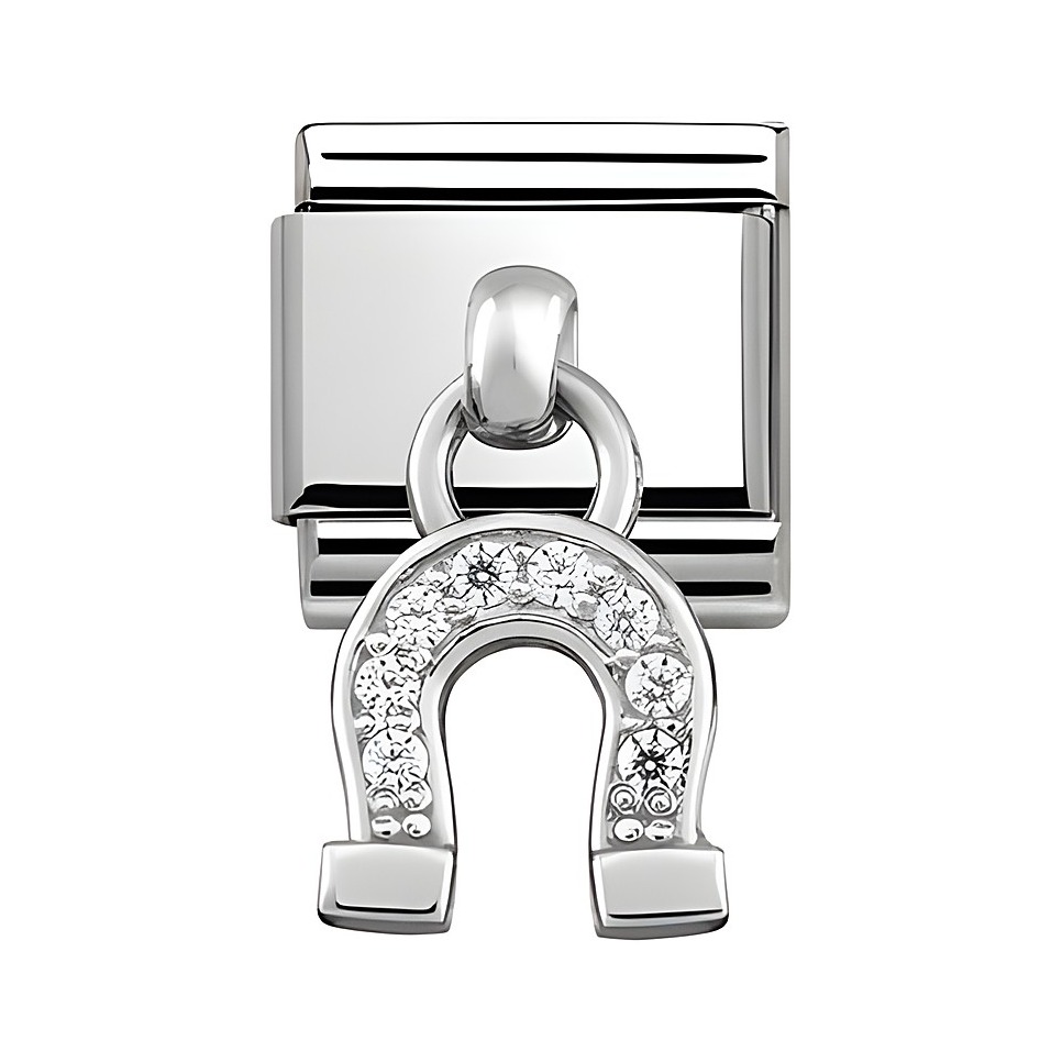 Hufeisen Charm aus Edelstahl und Silber mit funkelnden Schmucksteinen, gefertigt von Nomination, ideal für kreative Armbänder und persönliche Schmuckstücke.