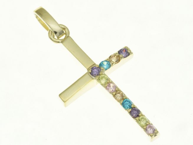 Kreuz Anhänger aus Sterling Silber, gelbgold vergoldet, verziert mit bunten Zirkonia und Blautopas, Hersteller Juwelier Harnisch, ideal für besondere Anlässe und als Schmuckstück.