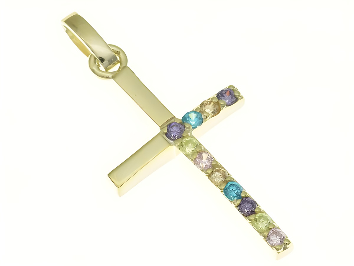 Kreuz Anhänger aus Sterling Silber, gelbgold vergoldet, verziert mit bunten Zirkonia und Blautopas, Hersteller Juwelier Harnisch, ideal für besondere Anlässe und als Schmuckstück.
