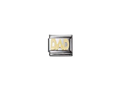 Schriftzug DAD in goldener Farbe, eingefasst in ein silbernes Nomination Classic Modul für Armbänder, ideal als Geschenk für Väter.