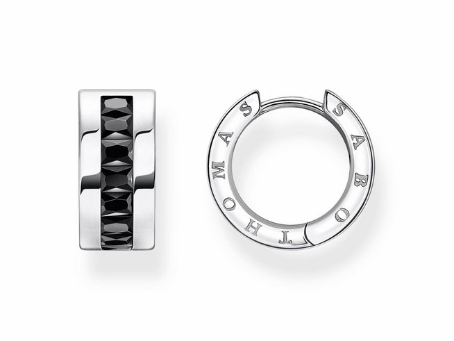 Silberne Creolen von Thomas Sabo mit geschwungener Form und Zirkonia in schwarzer Farbe, edles Design, ideal für modische Akzente.