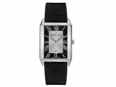 Pierre Petit Uhr P-860A in elegantem Design, Quarzwerk, wasserdicht bis 5 ATM, rechteckiges Gehäuse in Silber mit schwarzem Ziffernblatt und römischen Ziffern, 23x35 mm, schwarzes Lederarmband.