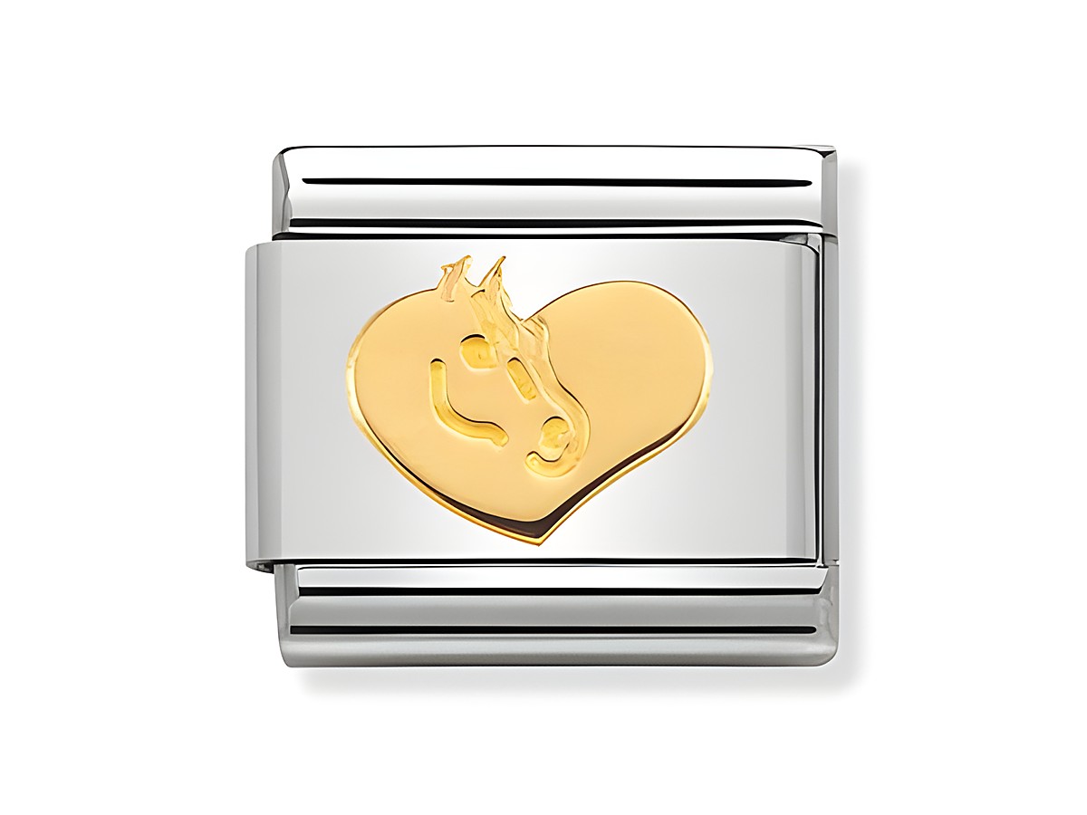 Ein charm mit einem goldenen Herz und einem Pferdekopfmotiv, gefertigt aus dem Material Gold von Nomination, Modell Classic, mit der Artikelnummer 030149 27.