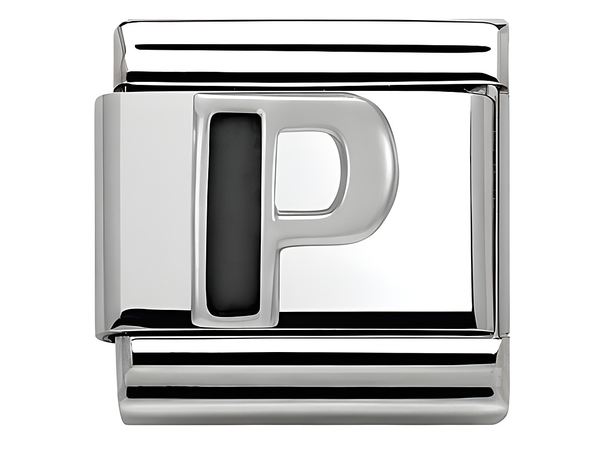Classic SilverShine Buchstabe P aus Emaille von Nomination, glänzende Oberfläche, modernes Design, ideal zum Personalisieren von Schmuckstücken.