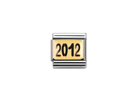 Schwarz emaillierter Jahreszahlenanhänger 2012 von Nomination Classic mit der Zahl 2012 in Gold auf der Vorderseite, geeignet für das Kombinieren mit Nomination Armbändern.
