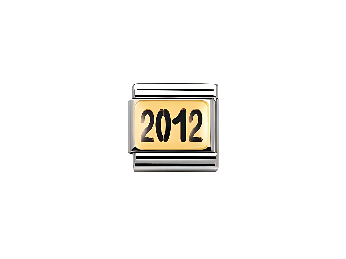Schwarz emaillierter Jahreszahlenanhänger 2012 von Nomination Classic mit der Zahl 2012 in Gold auf der Vorderseite, geeignet für das Kombinieren mit Nomination Armbändern.