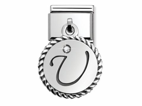 Silberner Buchstabe U von Nomination CHARMS LETTERS mit einem Glitzerstein, umrahmt von einer gedrehten Kordel auf der Rückseite zum Anbringen an Armbändern oder Ketten.