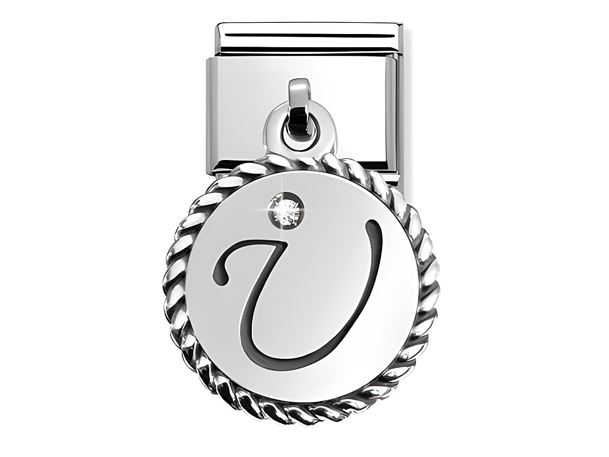 Silberner Buchstabe U von Nomination CHARMS LETTERS mit einem Glitzerstein, umrahmt von einer gedrehten Kordel auf der Rückseite zum Anbringen an Armbändern oder Ketten.