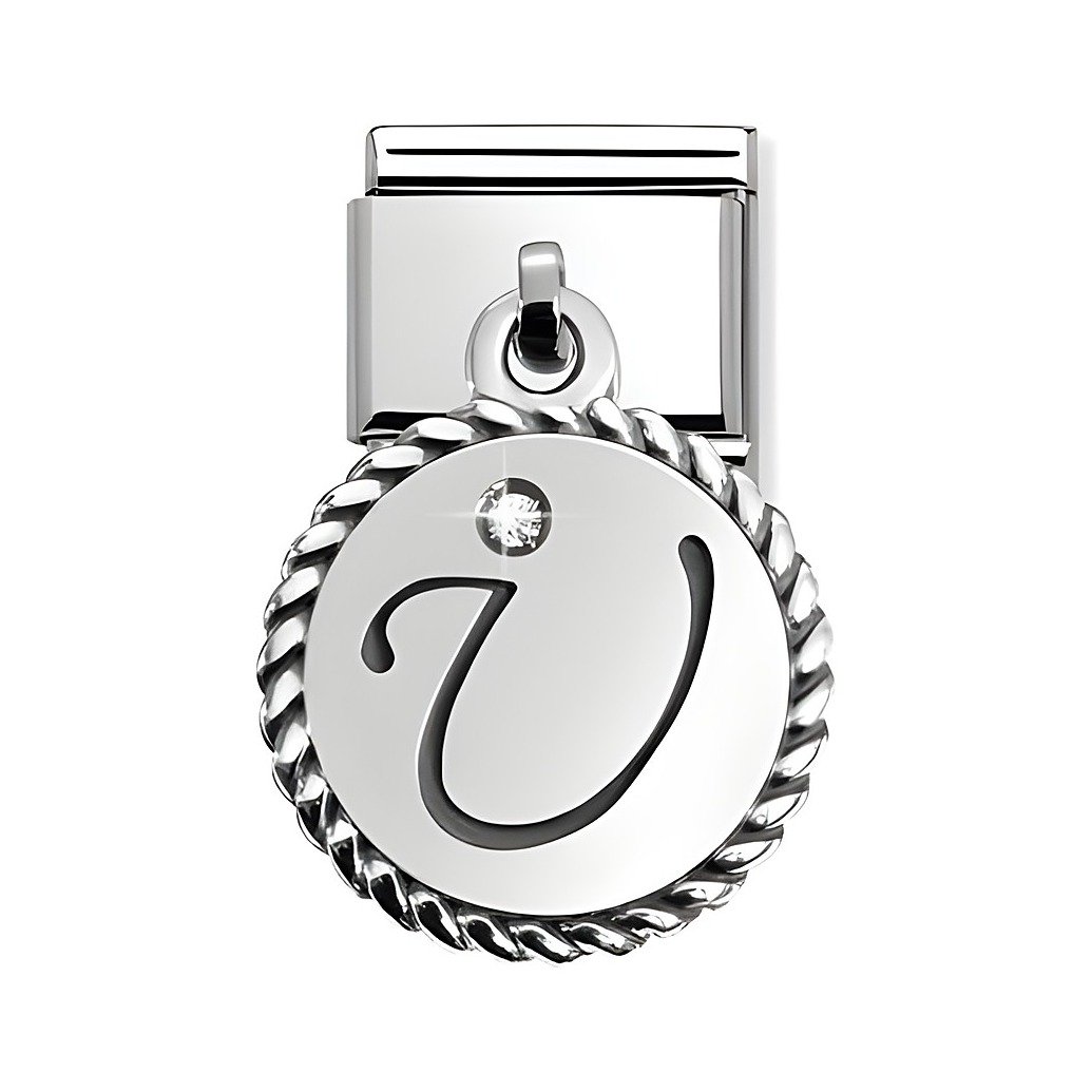 Silberner Buchstabe U von Nomination CHARMS LETTERS mit einem Glitzerstein, umrahmt von einer gedrehten Kordel auf der Rückseite zum Anbringen an Armbändern oder Ketten.