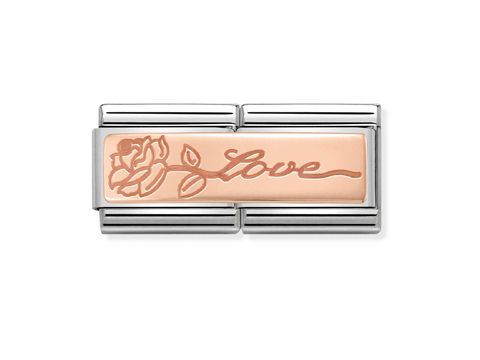 NOMINATION Classic Roségold 430710 14 Love mit Blume, elegante Charm mit stilvollem Roségold und Silber, verziert mit einer Rose und dem Schriftzug Love.