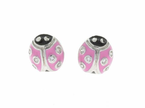 Ohrringe Stecker Marienkäfer aus Silber rhodiniert mit buntem Design und funkelnden Akzenten, idealer Glücksbringer für Kinder, hergestellt von Juwelier Harnisch.