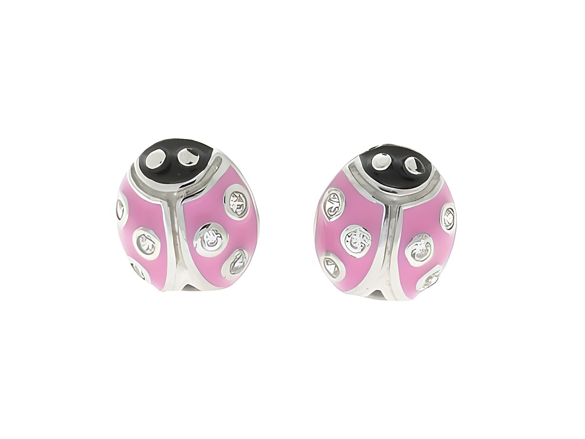 Ohrringe Stecker Marienkäfer aus Silber rhodiniert mit buntem Design und funkelnden Akzenten, idealer Glücksbringer für Kinder, hergestellt von Juwelier Harnisch.