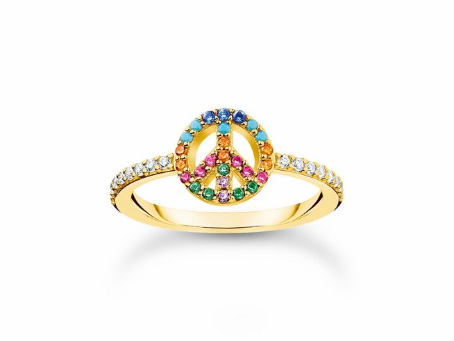 Ring aus vergoldetem Sterling Silber mit einem bunten Peace-Zeichen, besetzt mit farbigen Steinen und zusätzlichem Glanz durch klare Zirkonia, Größe 56, von Thomas Sabo.