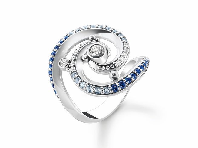 Eleganter Thomas Sabo Ring aus Sterling Silber mit geschwungenem Design, verziert mit synthetischem Spinell und Zirkonia, Größe 52.