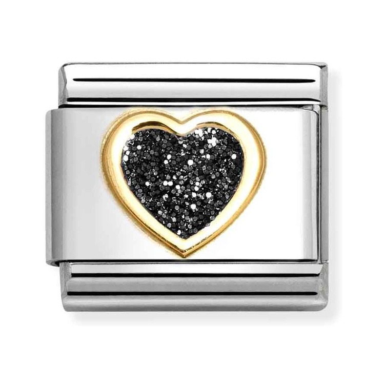 Nomination Composable Classic Charm Herz schwarz - Edelstahl, Gold 750 Gelbgold, Emaille, Zirkonia