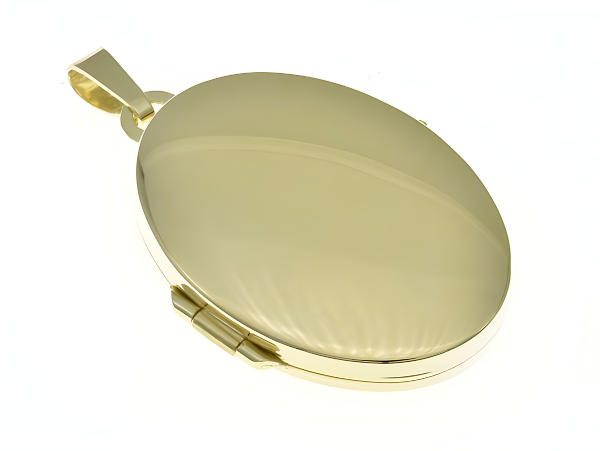 Medaillon oval aus 333 Gelbgold, schlichtes Design, Hersteller Juwelier Harnisch, ideal als elegantes Schmuckstück oder Geschenk.