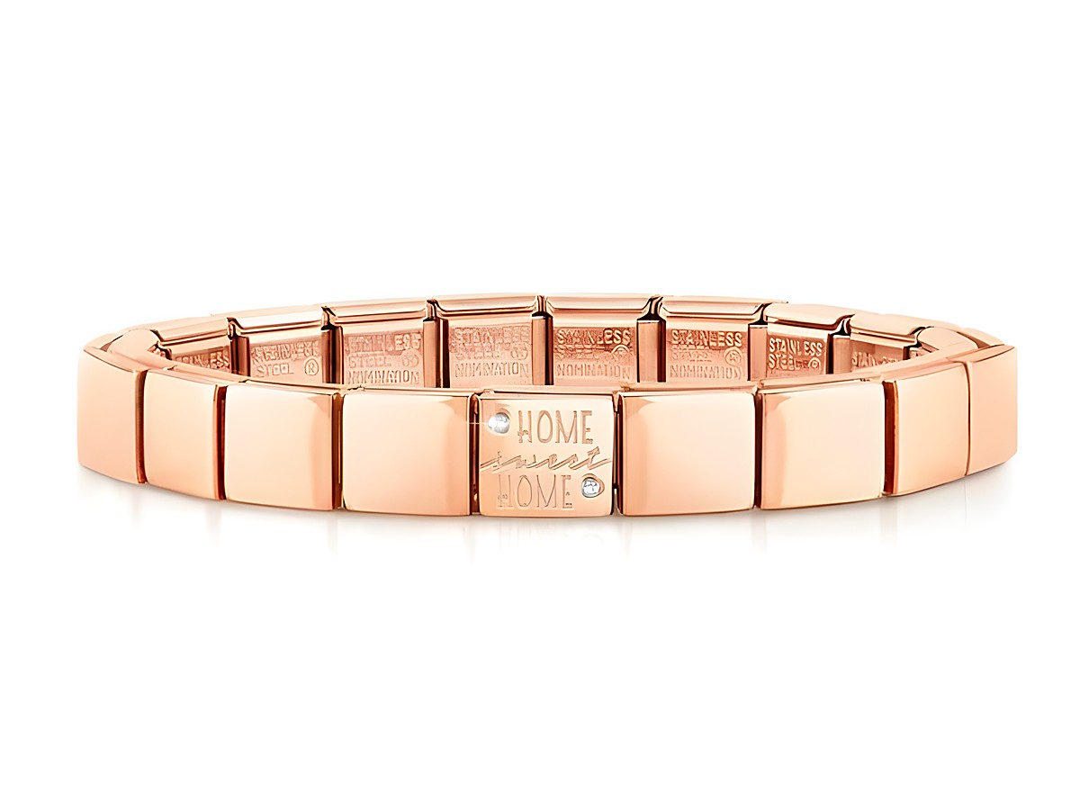 Das Bild zeigt ein Nomination 239104 20 GLAM Armband aus Edelstahl mit einer Roségold PVD-Beschichtung und dem eingravierten Schriftzug Home sweet home.