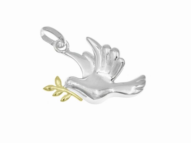 Elegante Friedenstaube aus sterling Silber, rhodiniert und teilvergoldet, von Juwelier Harnisch, ideal als Anhänger für Schmuckliebhaber.