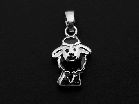 Silber Anhänger in Form eines Schafs, tierisch und lackiert in Schwarz, geeignet für Kinder, Hersteller: Juwelier Harnisch.